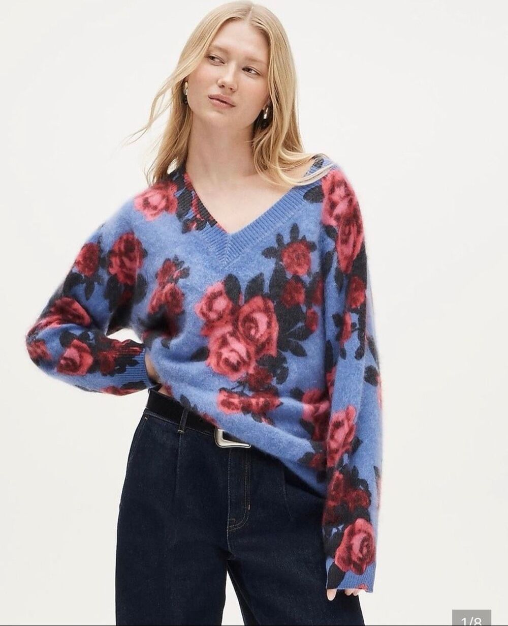 J. Crew Brushed Cashmere Relaxed V Neck Sweater in Floral NWOT size Medium